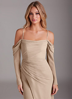 Azazie Hallie Brautjungfernkleider Meerjungfrau-Linie Langarm Chiffon Kleid Taupe image2
