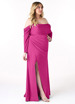 Azazie Hallie Brudtärnklänningar Klänning av Tubklänning i Stretch Satin Off-The-Soulder långärmad Fuchsia Konvertibel image10