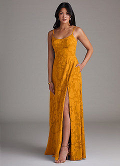 Azazie Moira Bridesmaid Dresses Butterscotch A-Line Side Slit Floral Burnout Dress image3
