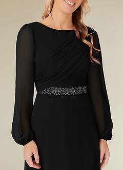 Azazie Priyanka Mother of the Bride Dresses Black A-Line Boatneck Pleated Chiffon Dress image3