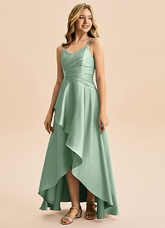 Azazie Eirlys Junior Vestido Agave de Cetim elástico de Linha A com Plissado image5