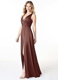 Azazie Nelly Vestidos de damas de honor Vestido de Expresado de Satén Elástico de Corte en A con Cuello en V Plisado image6