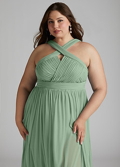 Azazie Hillian Vestidos de damas de honor Vestido de Matcha de Malla de Corte en A con Halter Plisado image13