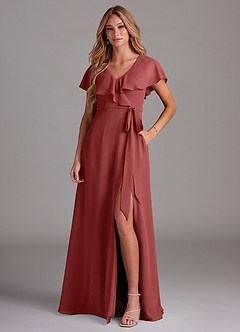Azazie Lainey Bridesmaid Dresses Terracotta A-Line with Pockets Chiffon Dress image1