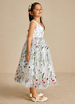 Azazie Arianna vestidos de niña de las flores Vestido de Diamante Blanco de Tul de Corte En A con Encaje image3