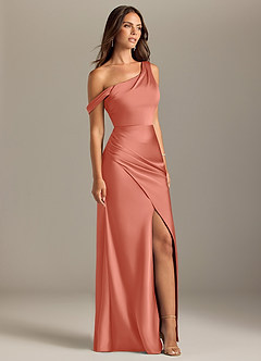 Azazie Madelyn Bridesmaid Dresses Salmon Pink Mermaid One Shoulder Stretch Satin Convertible Dress image4