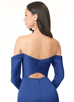 Azazie Hallie Bridesmaid Dresses Royal Blue Sheath Off-The-Shoulder Long Sleeve Stretch Satin Convertible Dress image8