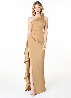 Azazie Latrice Bridesmaid Dresses Gold Sheath One Shoulder Cascading Ruffles Stretch Satin Dress image1