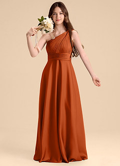 Azazie Charlize Junior Vestido de Naranja Quemada de Satén Elástico de Corte en A con Plisado image6