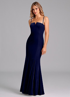 Azazie Yinnie Robes de demoiselle d'honneur Robe Sirène Convertible en velours Sans bretelle Bleu Marine Foncé image7