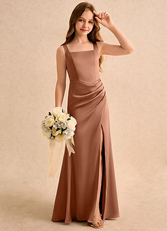 Azazie Noah Girls Formal Flower Girl Dresses Bronzer Sheath Pleated Stretch Satin Dress image4