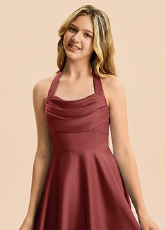 Azazie Kady Junior Vestido Terracota de Satén Elástico de Corte en A con Escote corazón image6