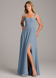 Azazie Rosaline Bridesmaid Dresses Dusty Blue A-Line Side Slit Chiffon Dress image5