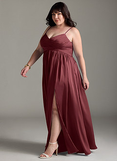Azazie Alia Bridesmaid Dresses Merlot A-Line Pleated Stretch Satin Dress image13