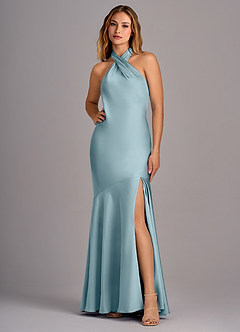 Azazie Lorena Bridesmaid Dresses Moody Blue Mermaid Pleated Stretch Satin Dress image1