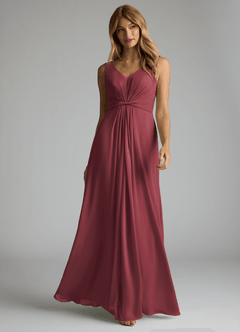 Azazie Gina Bridesmaid Dresses Merlot A-Line V-Neck Pleated Chiffon Dress image1