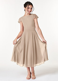 Azazie Payton Junior Taupe A-Line Bow Chiffon Dress image3