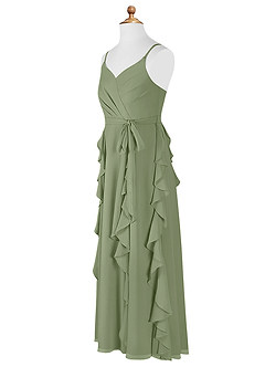 Azazie Peyton Junior Vestido Pistacho de Gasa de Corte en A con Volantes en cascada Cuello en V image8