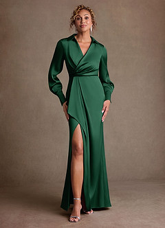 Azazie Jacinta Mother of the Bride Dresses Dark Green Sheath Pleated Stretch Satin Dress image1