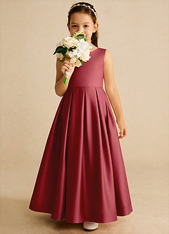 Azazie Cailee Flower Girl Dresses Pomegranate Ball-Gown Pleated Matte Satin Dress image3