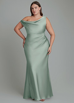 Azazie Emerson Jurken voor bruidsmeisjes Jurk van Stretch Satijn met Zeemeermin Off-shoulder Agave image8