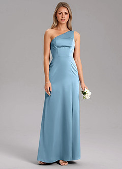 Azazie Feby Bridesmaid Dresses Steel Blue A-Line One Shoulder Stretch Satin Dress image7