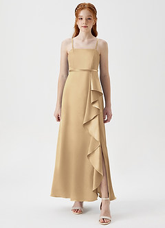 Azazie Kaylee Junior Robe Trapèze en Satiné métallisé avec ceinture Champagne image5