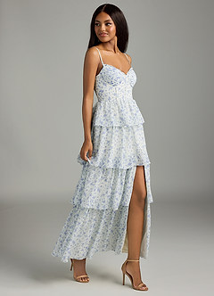 Azazie Kaiden Bridesmaid Dresses Blue And White Ditsy Floral A-Line Sweetheart Neckline Chiffon Dress image5