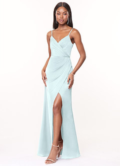 Azazie Maci Bridesmaid Dresses Sea Glass A-Line V-Neck Pleated Stretch Satin Dress image4