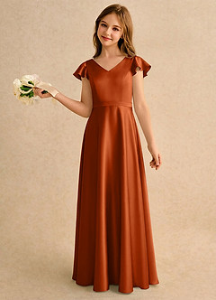 Azazie Nari Girls Formal Final Sale Burnt Orange A-Line with Sleeves Stretch Satin Dress image1