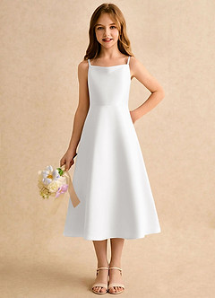 Azazie Jaella Girls Formal Blomsterpigekjoler A-Line Plisseret Mat satin Te-længde Kjole image5