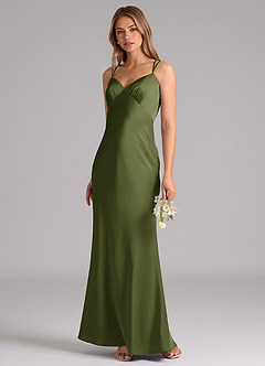 Azazie Suttona Bridesmaid Dresses Olive A-Line Pleated Stretch Satin Dress image4