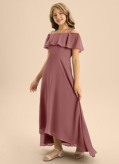 Azazie Maggie Junior Desert Rose A-Line Off the Shoulder Chiffon Dress image4