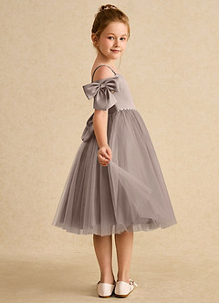 Azazie Amie Flower Girl Dresses Taupe A-Line Off the Shoulder Matte Satin Dress image6