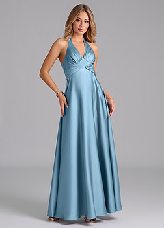 Azazie Tessie Bridesmaid Dresses Steel Blue A-Line Pleated Stretch Satin Dress image4