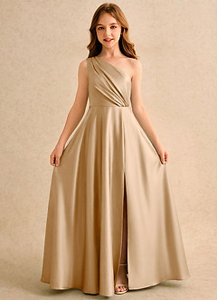 Azazie Puddles Girls Formal Flower Girl Dresses Gold A-Line One Shoulder Stretch Satin Dress image5
