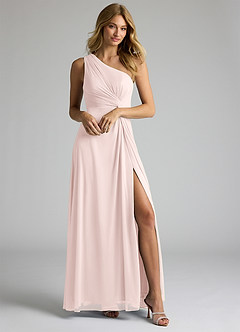 Azazie Brooke Bridesmaid Dresses Blushing Pink A-Line One Shoulder Mesh Dress image1