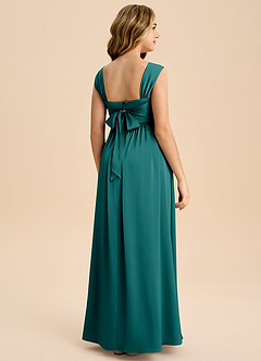 Azazie Hattie Junior Abito A-Line in Raso Elasticizzato Plissettato Verde Pavone image7