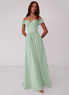 Barbie ♥ Azazie Jurken voor bruidsmeisjes Converteerbaar Jurk van Chiffon met A-Lijn Off the Shoulder Agave image1