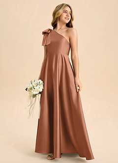 Azazie Penguin Junior Bronzer A-Line Bow Stretch Satin Dress image6