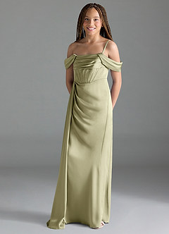 Azazie Amyra Junior Pistachio Sheath Off the Shoulder Stretch Satin Dress image4