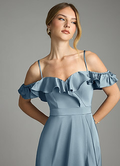 Azazie Lyra Bridesmaid Dresses Dusty Blue A-Line Off the Shoulder Stretch Satin Convertible Dress image11
