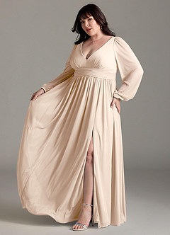 Azazie Norah Brautjungfernkleider A-Linie Lange Ärmel mit V-Ausschnitt Chiffon Kleid Alabaster Weiß image10