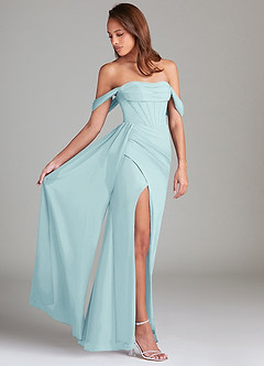 Azazie Amyra Bridesmaid Dresses Sea Glass Sheath Off the Shoulder Chiffon Convertible Dress image2