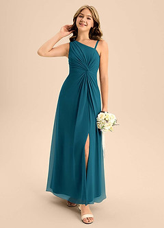 Azazie Brooke Junior Vestido de Azul Tinta de Gasa de Corte en A con Corte Lateral image3