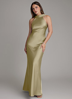 Azazie Dimitra Bridesmaid Dresses Moss Green A-Line Pleated Stretch Satin Dress image1
