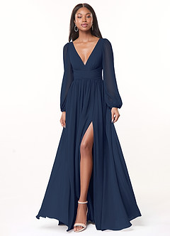 Azazie Norah Bridesmaid Dresses Dark Navy A-Line V-Neck Long Sleeve Chiffon Dress image1