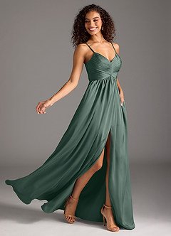 Azazie Alia 신부 들러리 드레스 A라인 주름진 스트레치 새틴 바닥 길이 드레스 image2