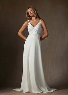 Azazie Clementina Wedding Dresses Diamond White A-Line V-Neck Sequins Stretch Crepe Dress image1