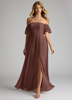 Azazie Sue Bridesmaid Dresses Espresso A-Line Off the Shoulder Chiffon Convertible Dress image1